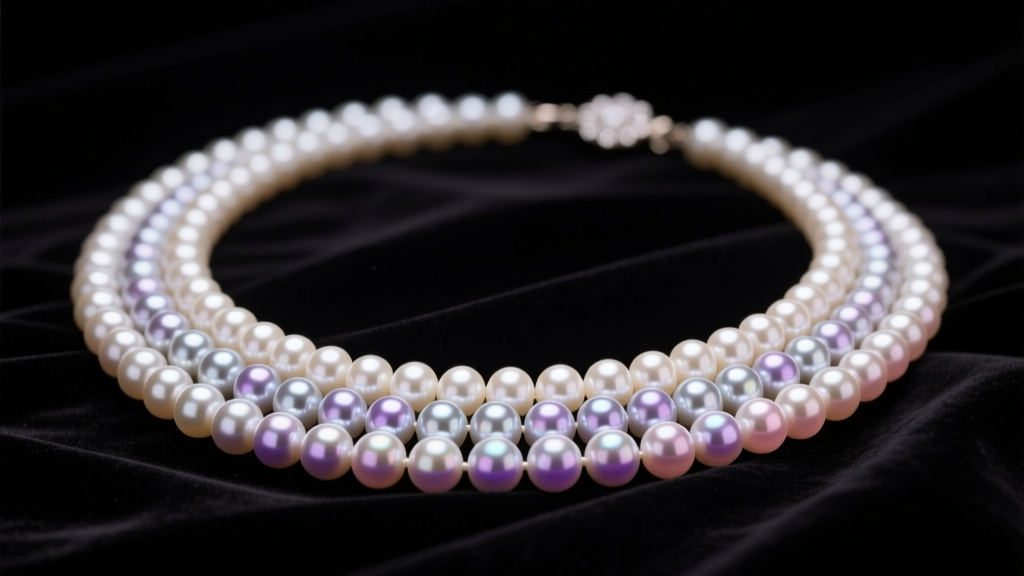 Vintage 1980s multi-strand pearl necklace on dark velvet, lit by studio lighting to reveal deep nacre luster.