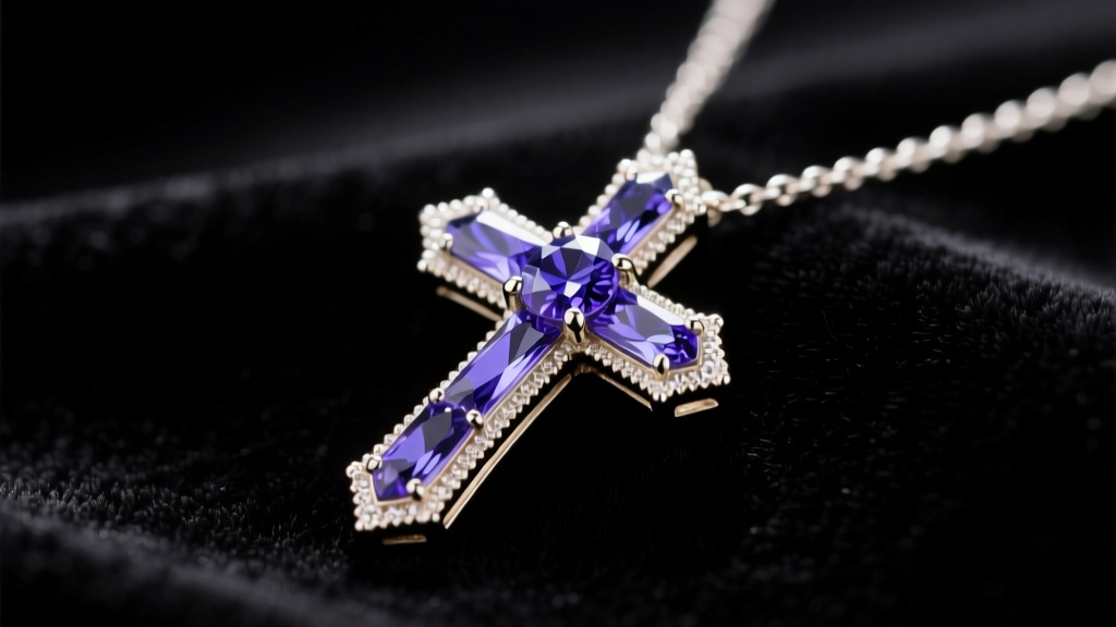 Close-up of a 14k white gold tanzanite cross necklace on dark velvet, highlighting deep violet-blue gems under soft studio lighting.