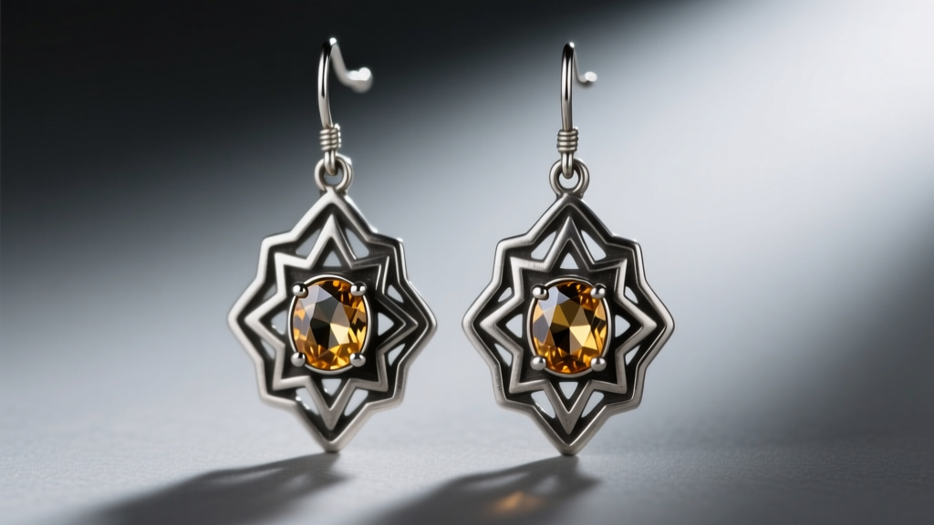 Oxidized sterling silver drop earrings featuring rose-cut pyrite stones in Art Deco patterns under moody, directional lighting.