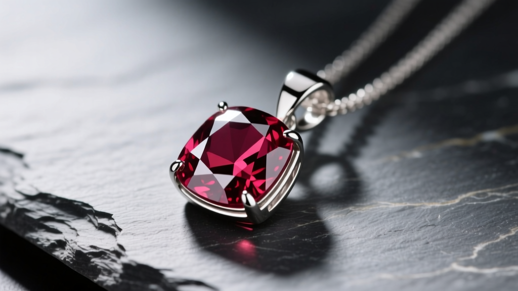 Close-up of a ruby pendant in a platinum bezel on slate, side lighting highlighting the deep red hue and crisp geometric gem facet