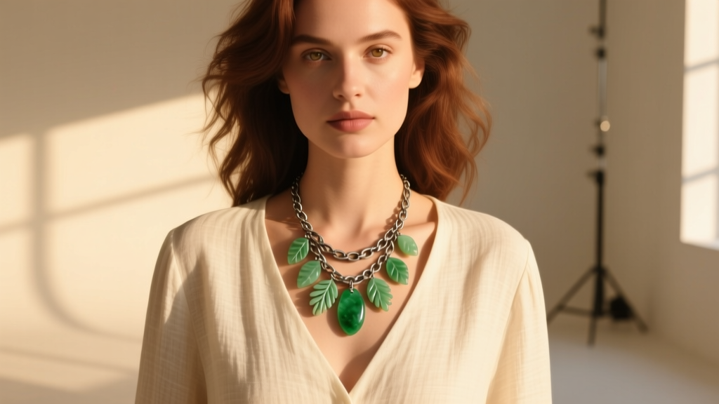Woman wearing a layered crassula jade necklace on an oxidized silver chain over a cream linen V-neck blouse in warm sunlight.