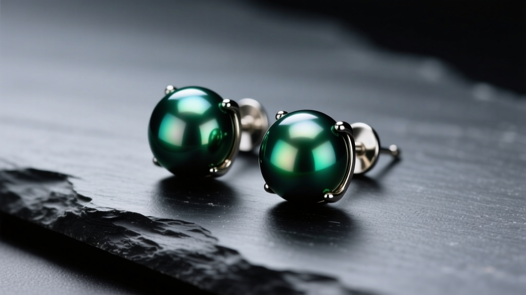Tahitian black pearl stud earrings on dark slate, lit by soft studio light to highlight vivid green peacock overtones.