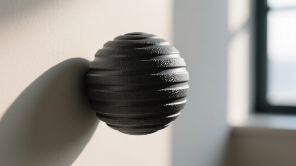 A textured 4.5-inch trigger point ball positioned against a wall targeting the rhomboid muscles of the upper back