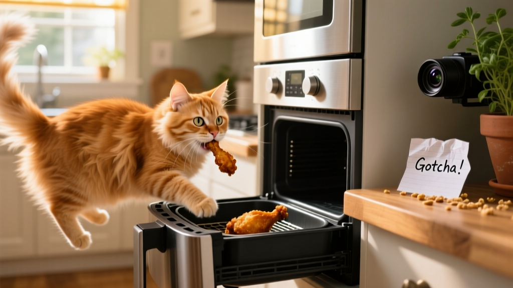 Slow-motion frame of cat withdrawing from air fryer drawer with a small piece of chicken in mouth
