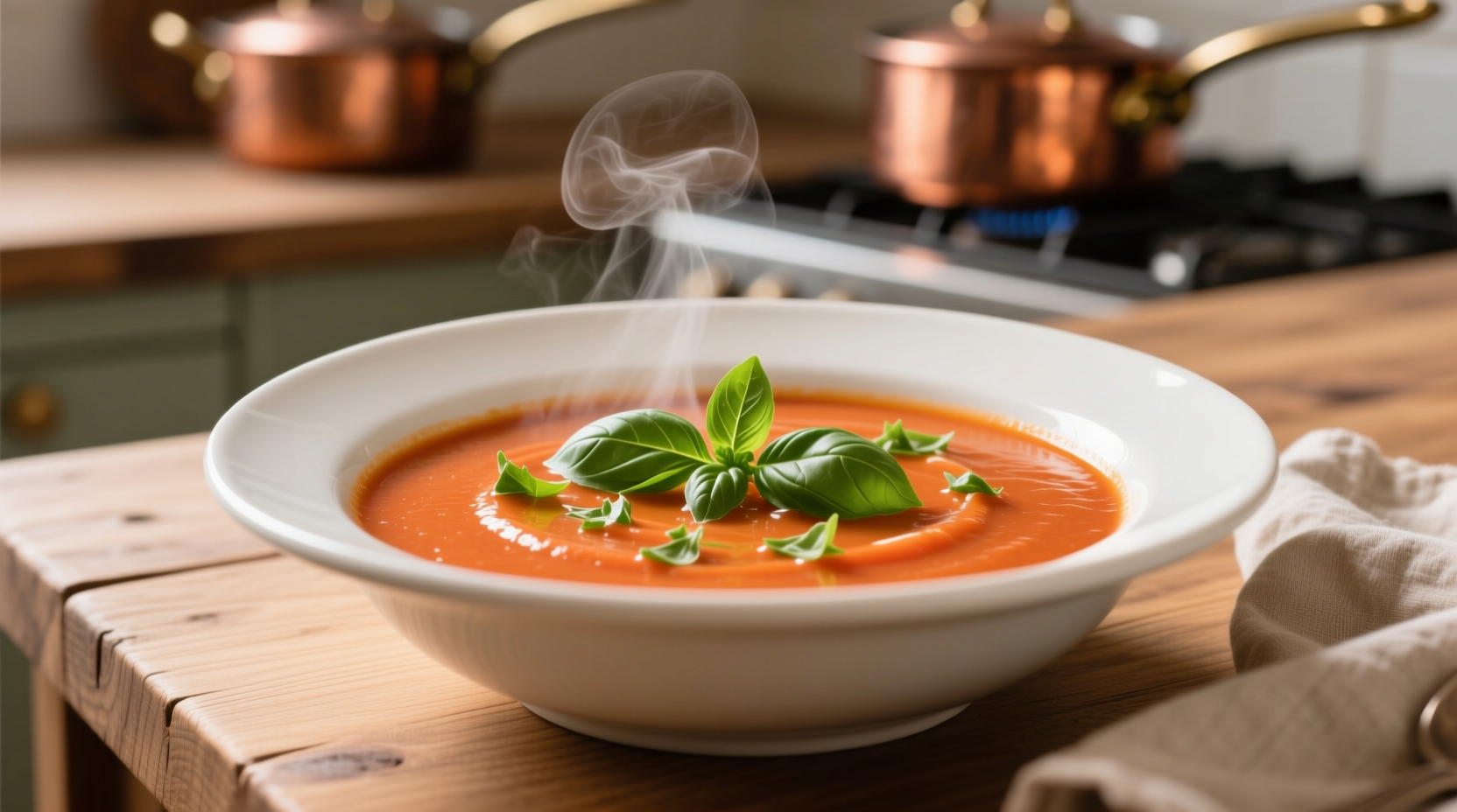Creamy tomato bisque in white bowl with fresh basil garnish