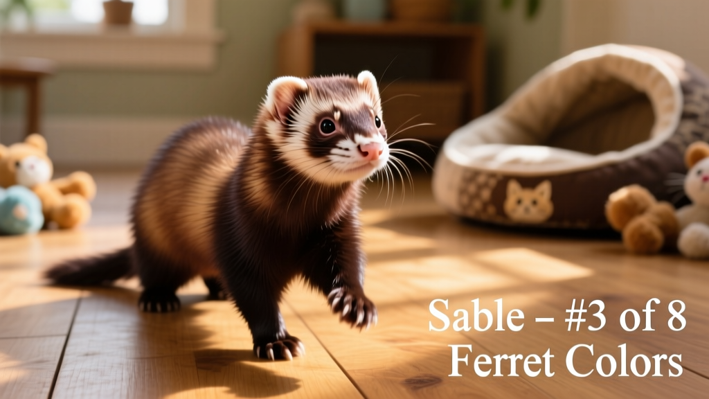 A sable ferret with deep brown fur, dark mask around the eyes, and lighter guard hairs