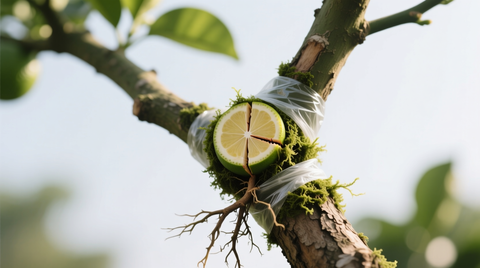 Late spring air layering on citrus branch showing proper wound depth for reliable rooting on trees that won't propagate from cuttings