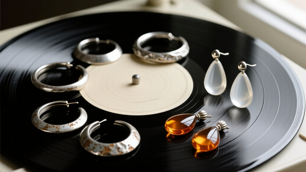 Dimly lit flatlay of mismatched oxidized silver hoops and translucent resin drop earrings resting on a vintage vinyl record.