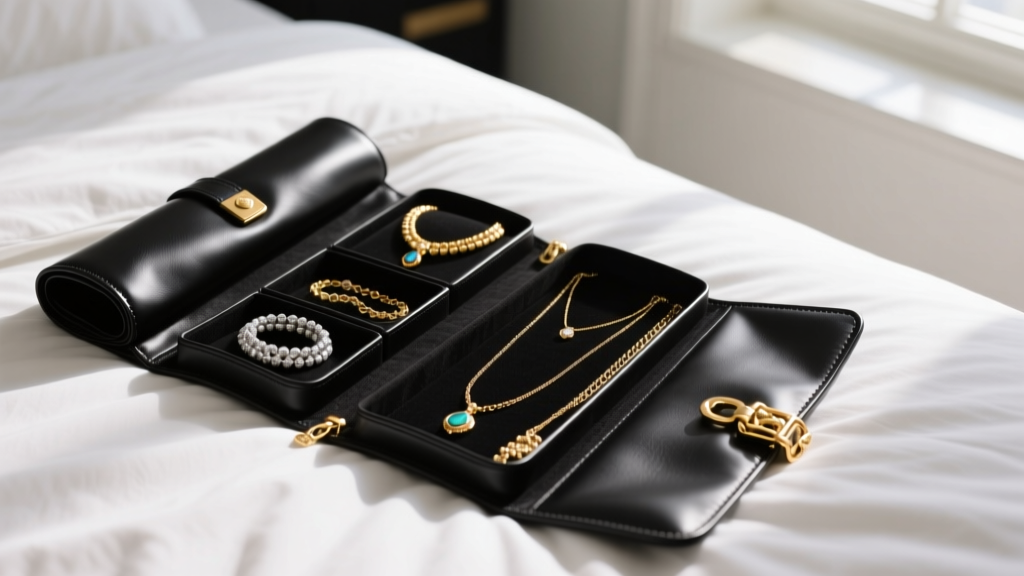Top-down view of a luxury leather travel jewelry roll unrolled on a bed, displaying neatly separated gold and silver necklaces.