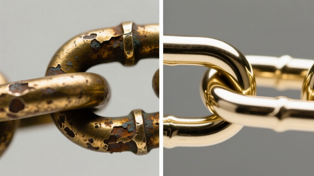 Split-screen macro photo showing a tarnished brass industrial chain link on left and a polished bright link on right.