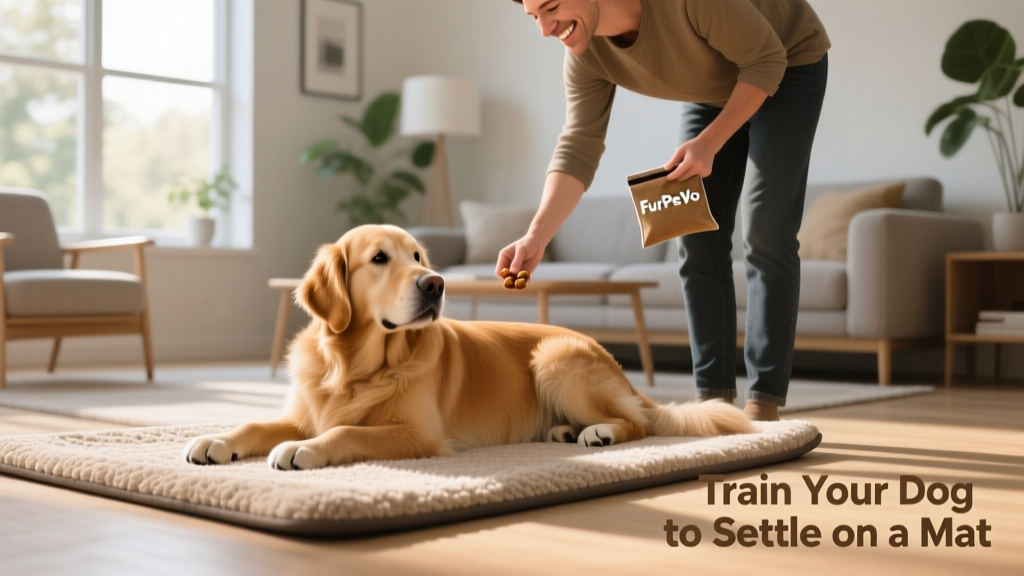 Dog lying calmly on a FurPetVo mat while owner stands nearby holding a treat pouch
