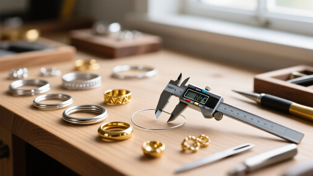 Close-up of a wooden workbench with sterling silver jump rings, gold-filled clasps, and a digital caliper measuring wire gauge.