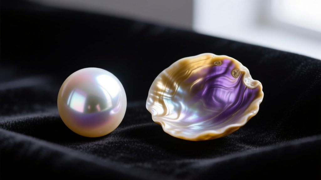 Macro photography comparing a round South Sea pearl and an irregular baroque freshwater pearl resting on dark velvet fabric