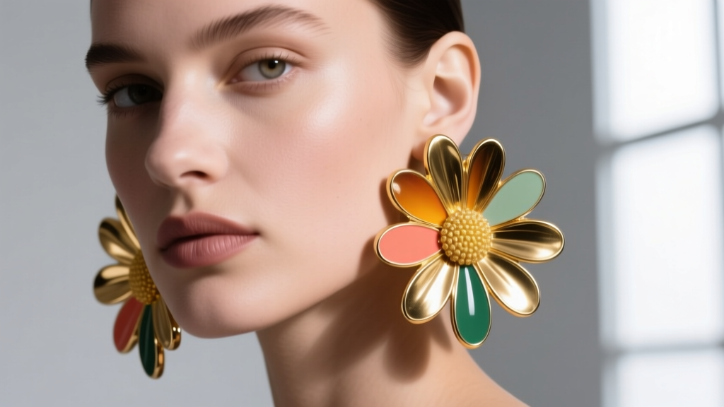 Close-up of a model wearing oversized gold and enamel daisy flower statement earrings, soft studio lighting highlighting the petals