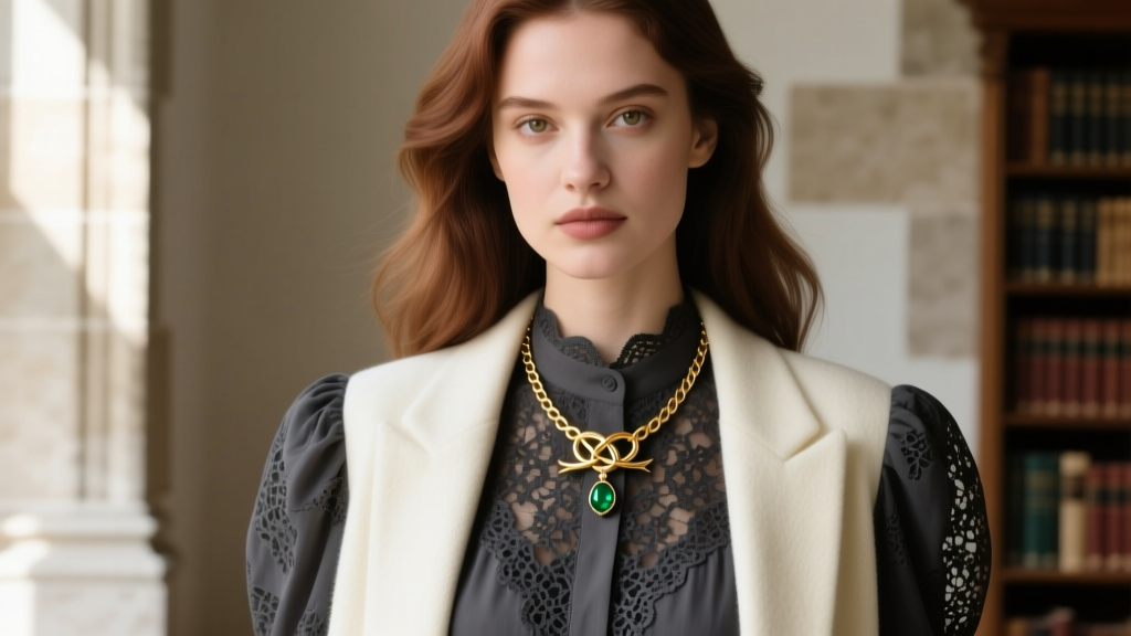 Model wearing 14k gold witch knot necklace on 20-inch rolo chain, paired with dark academia lace blouse and an emerald pendant