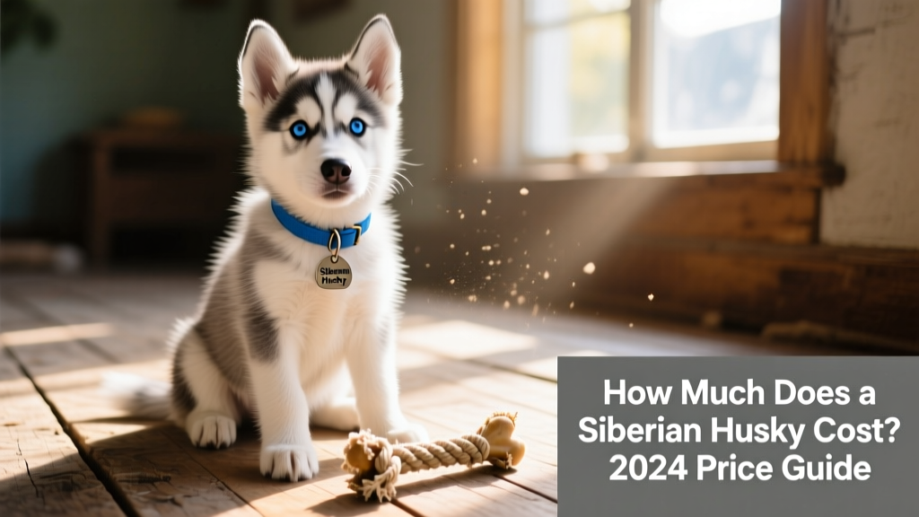A playful Siberian Husky puppy sitting on a sunlit wooden floor with a blue collar and chew toy nearby
