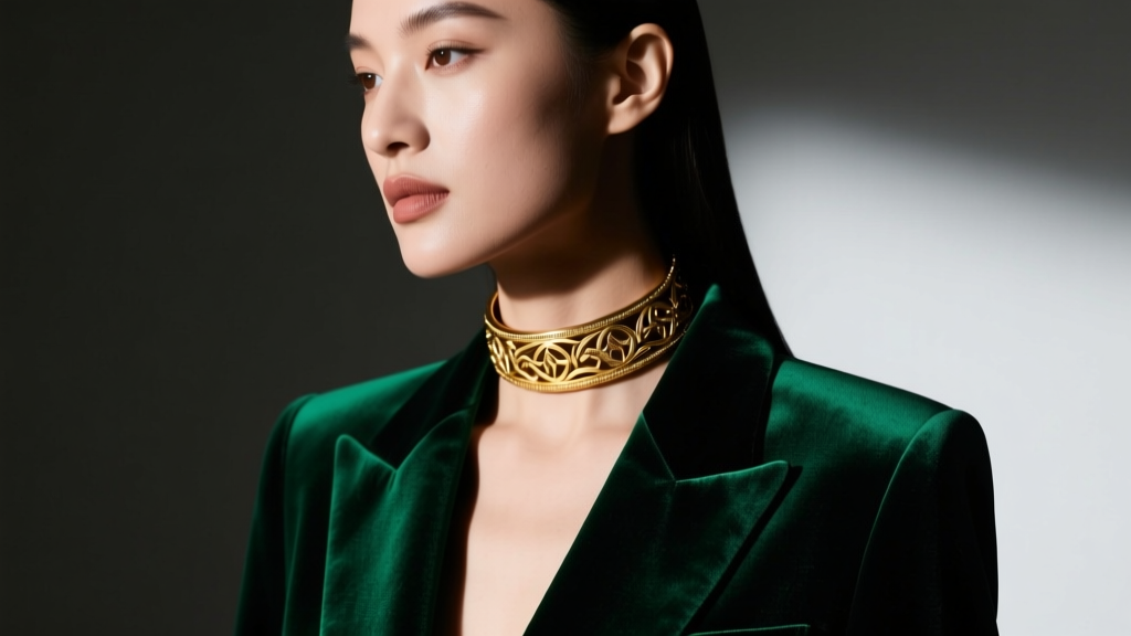 Model wearing a 20mm 18k gold vermeil thick choker necklace over an emerald velvet blazer, illuminated by moody studio lighting