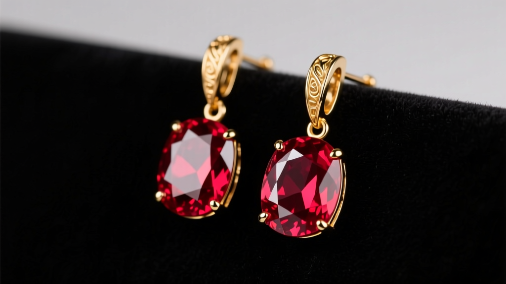 Vivid red ruby earrings drop on dark velvet, soft studio lighting highlighting faceted gems and 18k yellow gold settings.