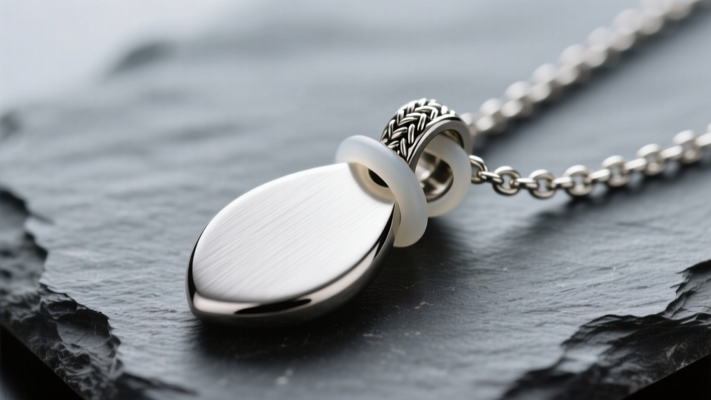Macro shot of a brushed steel teardrop necklace for ashes on slate, highlighting the threaded screw cap and silicone O-ring seal