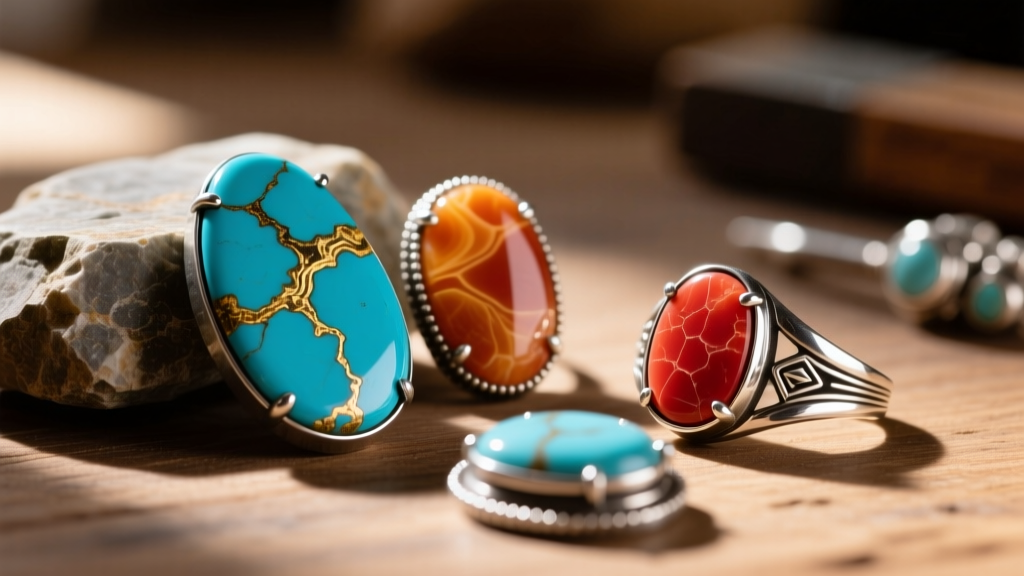 Macro shot of a Native American jewelry workbench showing raw Kingman turquoise and Mediterranean coral cabs beside silver bezels