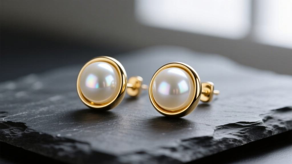 Macro photography of 1.5mm AAA-grade white freshwater seed pearl earrings set in 18k yellow gold bezel cups, resting on dark slate