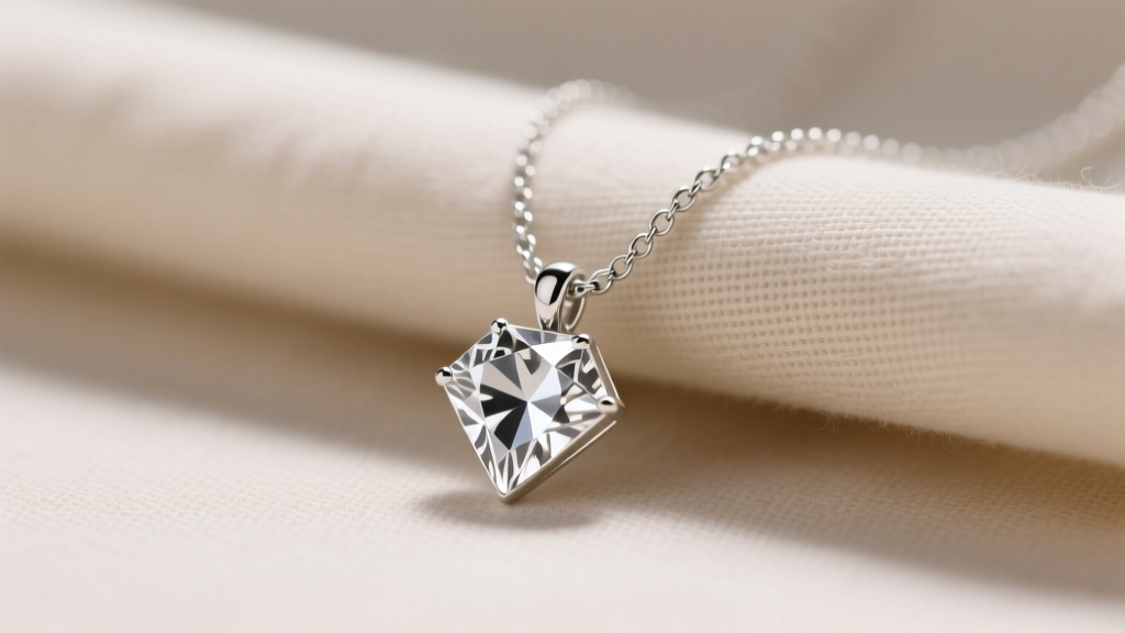 1.5mm silver ball necklace chain threaded through a geometric diamond pendant, resting on a neutral beige linen fabric background