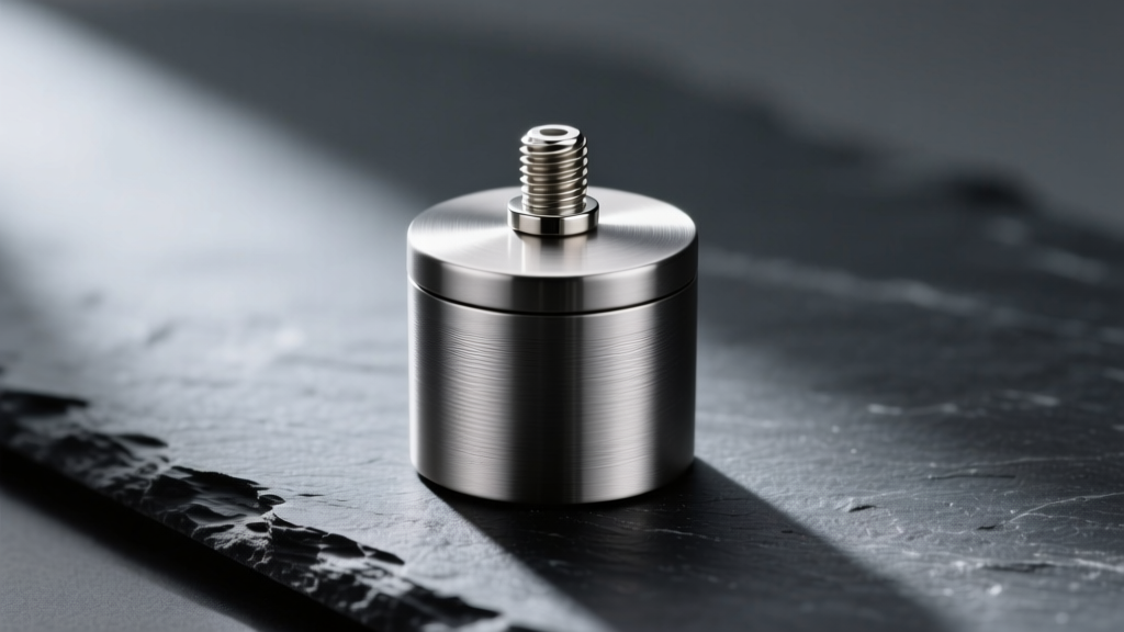 Macro photo of a brushed titanium urn pendant with a threaded screw cap resting on dark slate under soft, moody directional lighting