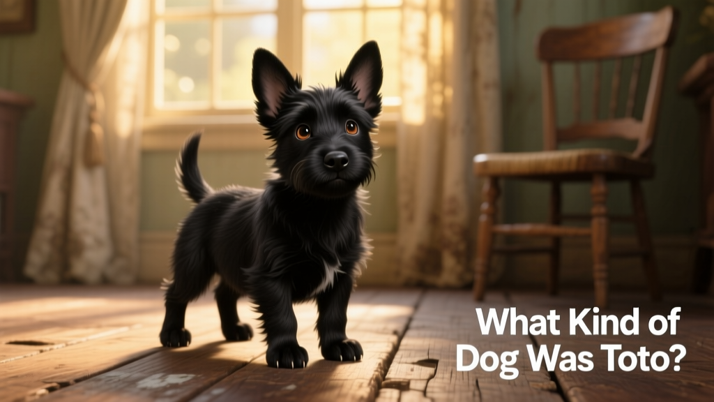 Black Cairn Terrier puppy standing alert on a wooden floor, mimicking Toto's iconic pose