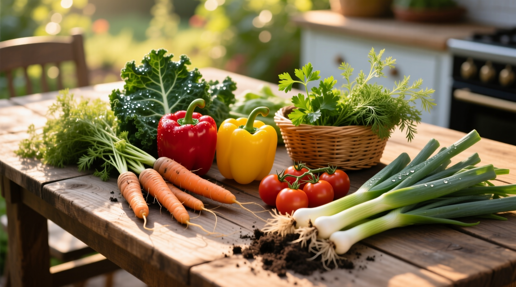 Fresh vegetables arranged on wooden table