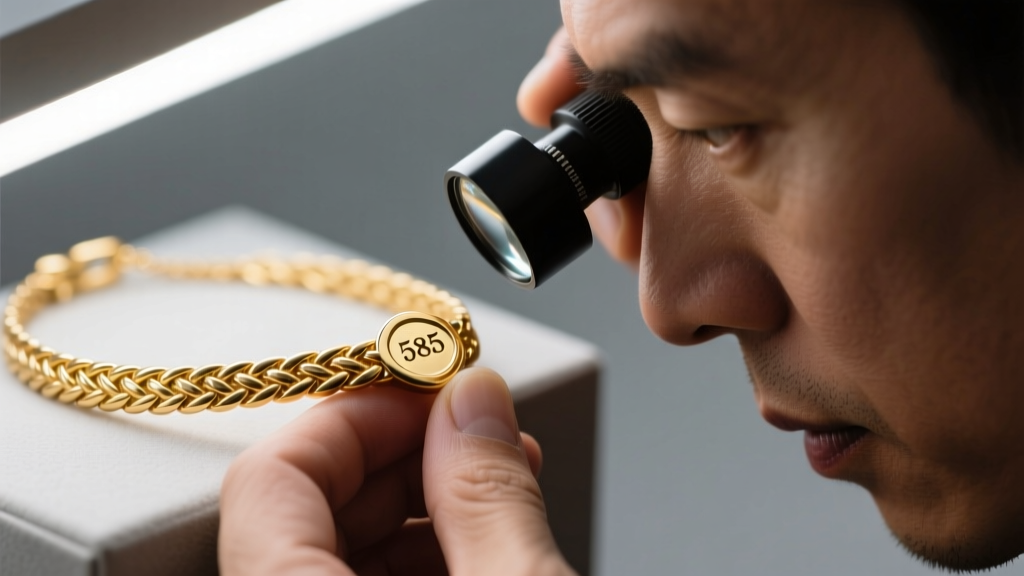 Jeweler inspecting the 585 hallmark stamp on a 14k gold herringbone necklace clasp using a digital loupe under bright LED lighting