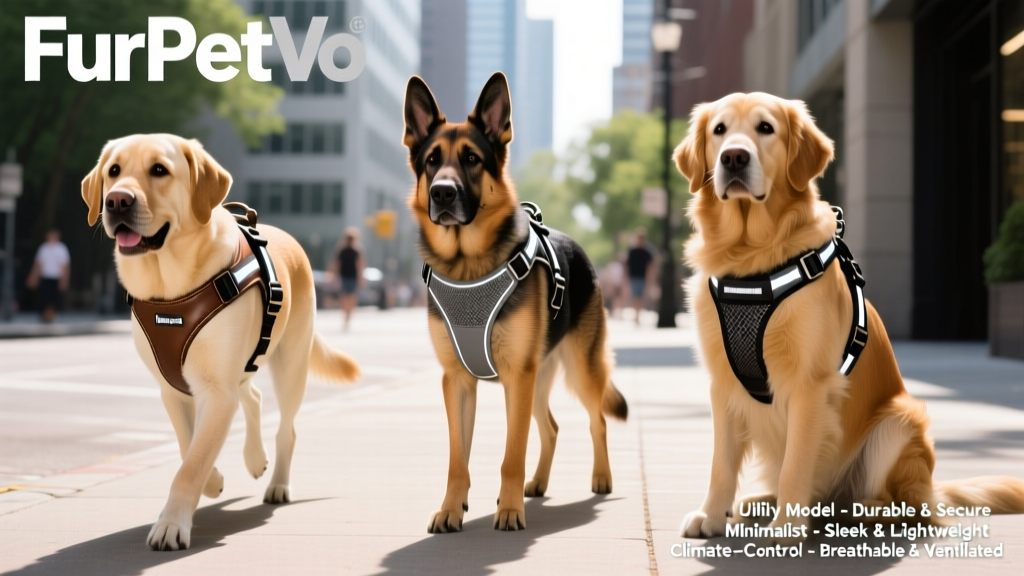 Side-by-side comparison of three FurPetVo harness styles: utility, minimalist, and climate-control models on different-sized service dogs