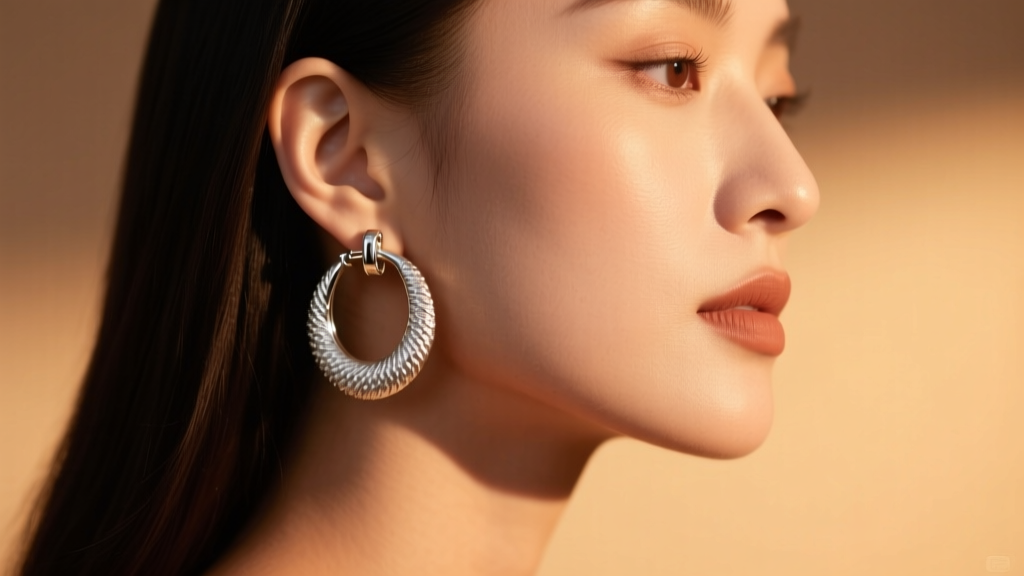 Side profile of a woman wearing medium 925 silver textured hoop earrings, showcasing the clasp against a blurred warm background.