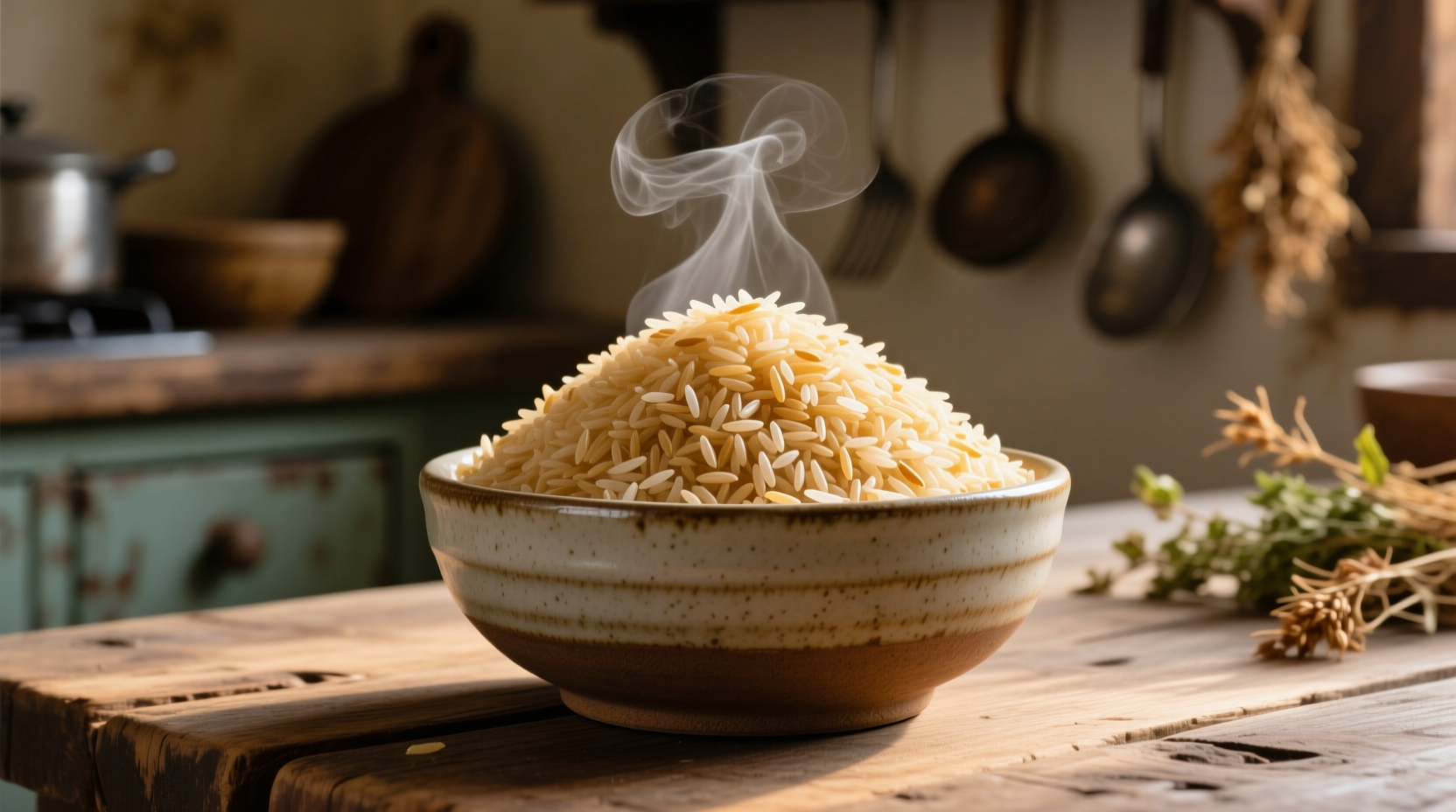 Fluffy brown basmati rice in ceramic bowl