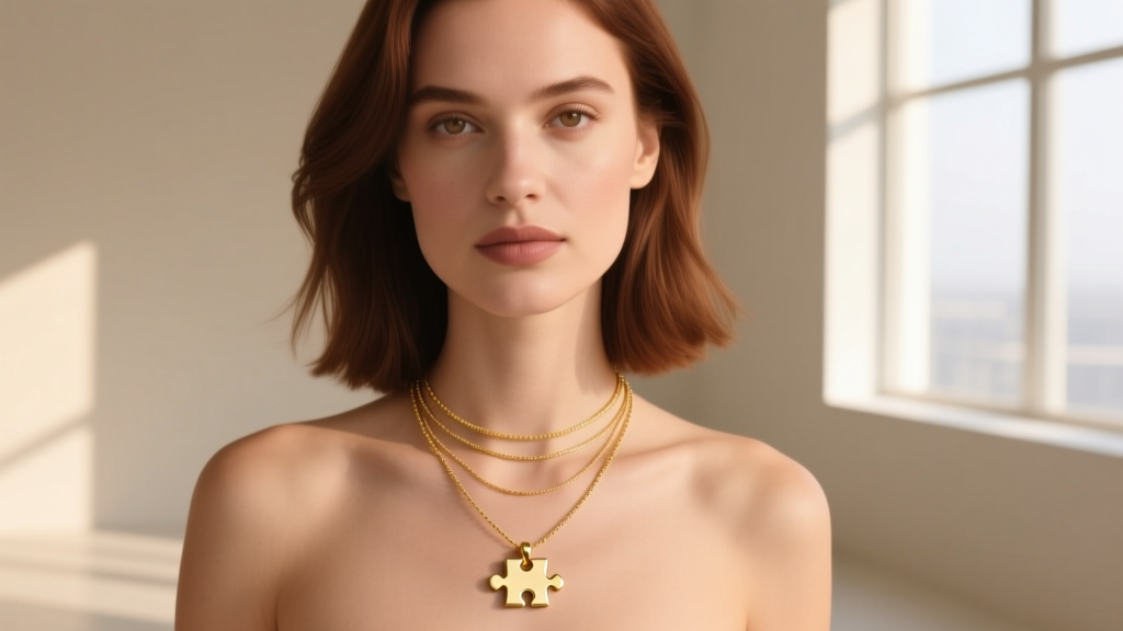Woman wearing a layered necklace stack featuring a delicate gold soulmate puzzle pendant paired with a 2mm gold paperclip chain.