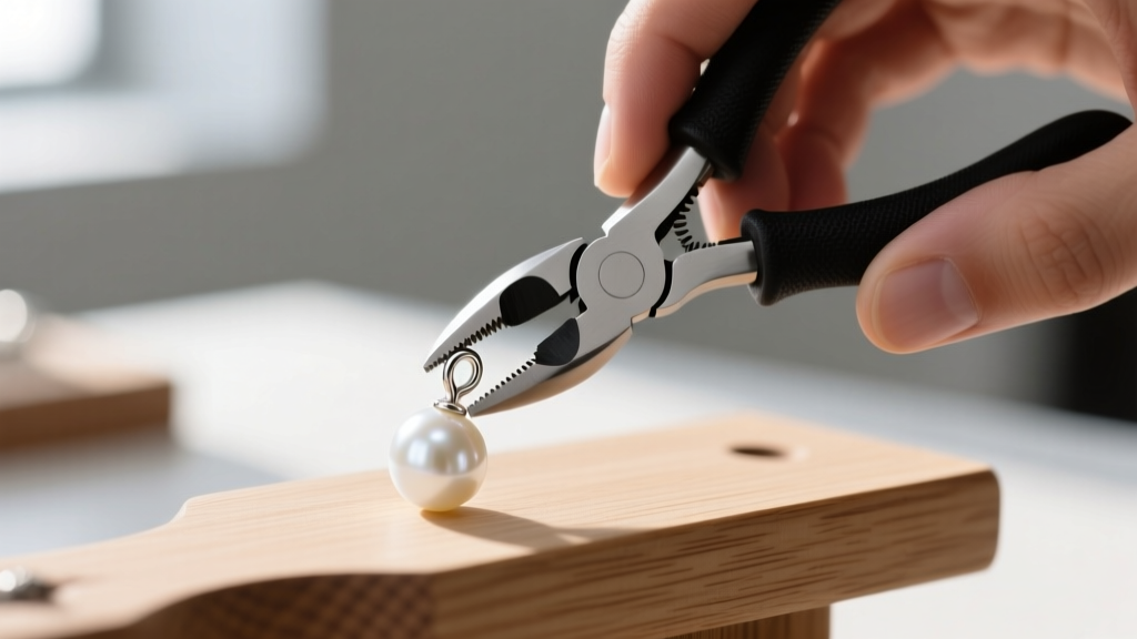 Hands using nylon pliers to squeeze a sterling silver pinch bail onto a white pearl on a wooden jeweler's workbench.