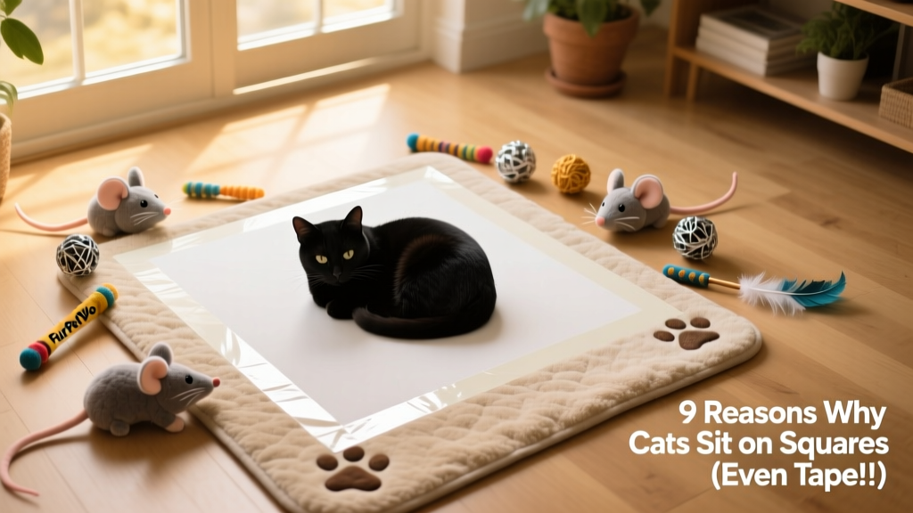 Overhead view of a black cat curled up inside a large square of white tape, surrounded by FurPetVo cat toys and a plush mat