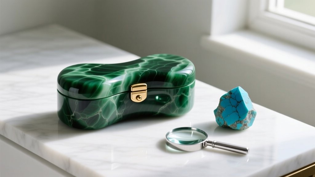 Green serpentine stone jewelry box with brass hinge on marble vanity, resting beside raw turquoise and a silver jeweler loupe.
