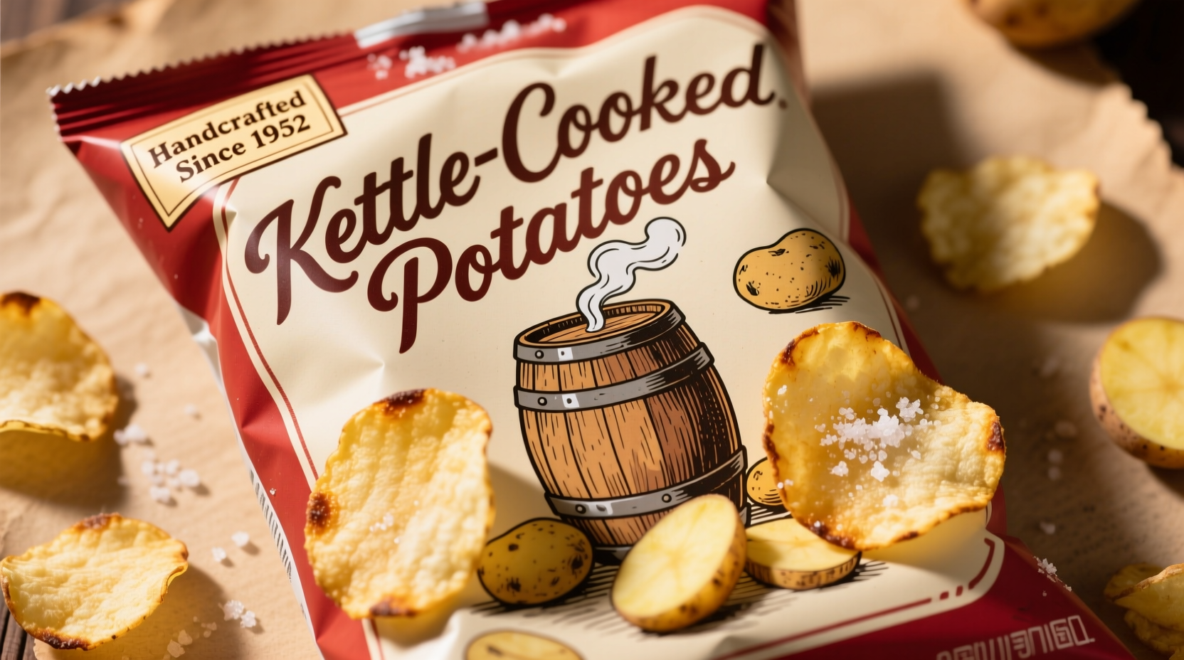 Kettle-cooked potato chips in traditional packaging