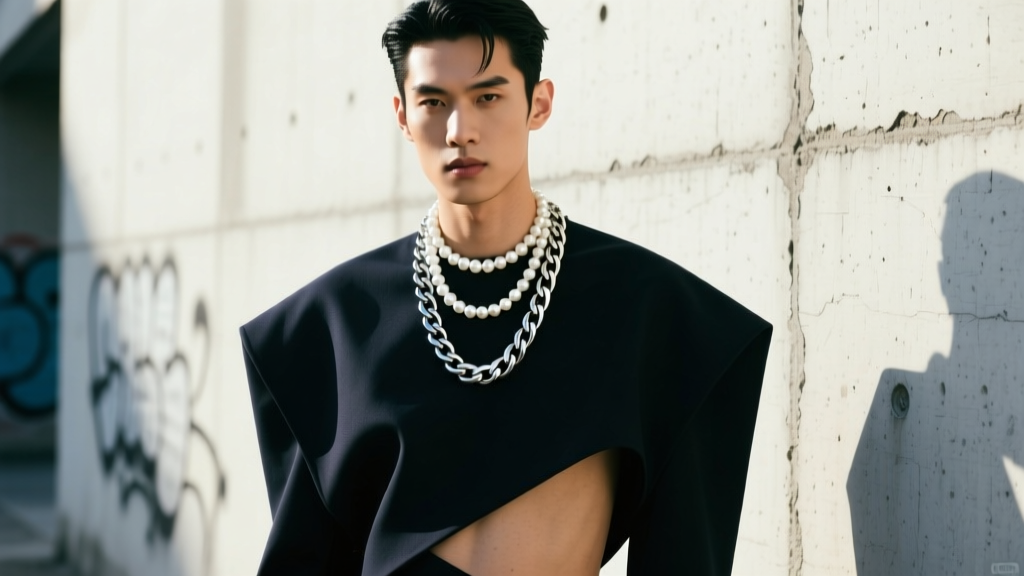 Thick silver Cuban chain layered with a delicate white pearl choker on a male model wearing dark, high-end avant-garde streetwear.