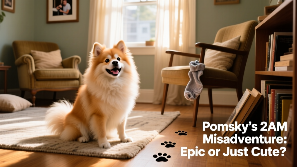 A happy, fluffy Pomsky sitting alertly on a sunlit living room rug, tail curled and ears perked