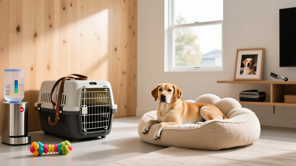 A tidy, dog-friendly living space with a crate, chew toys, a water station, and a soft bed near a sunny window
