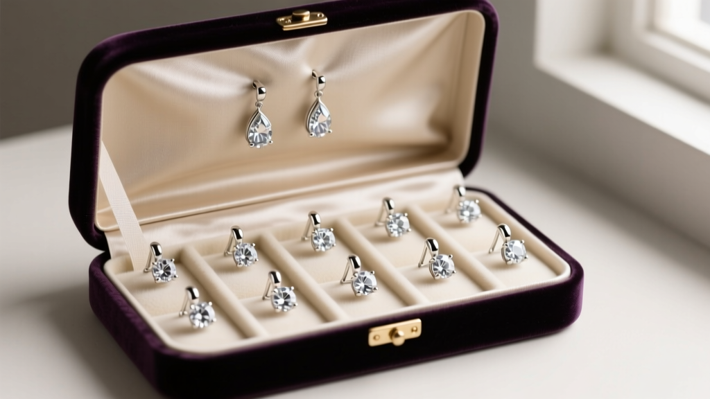 Open velvet jewelry box with anti-tarnish strips, storing 925 silver and CZ drop earrings securely inside individual soft slots