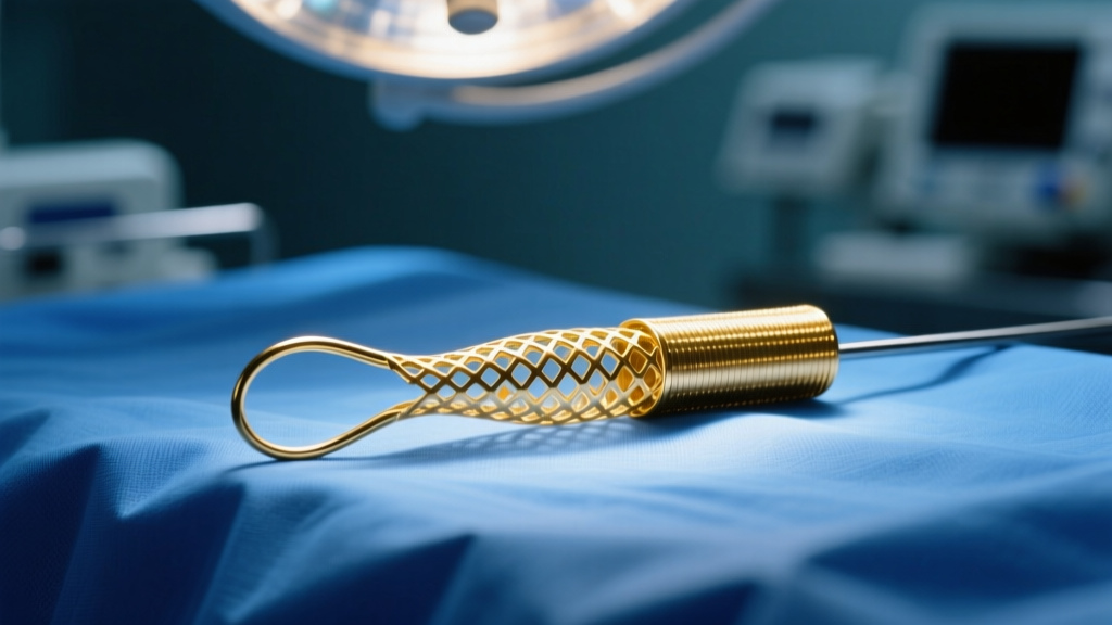 Macro shot of a gold-plated surgical stent on a blue sterile drape, lit by cool overhead surgical lights, sharp focus.