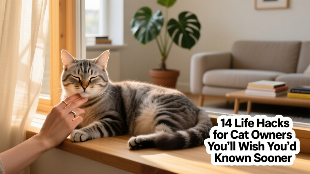 A relaxed cat receiving a gentle chin scratch from their owner