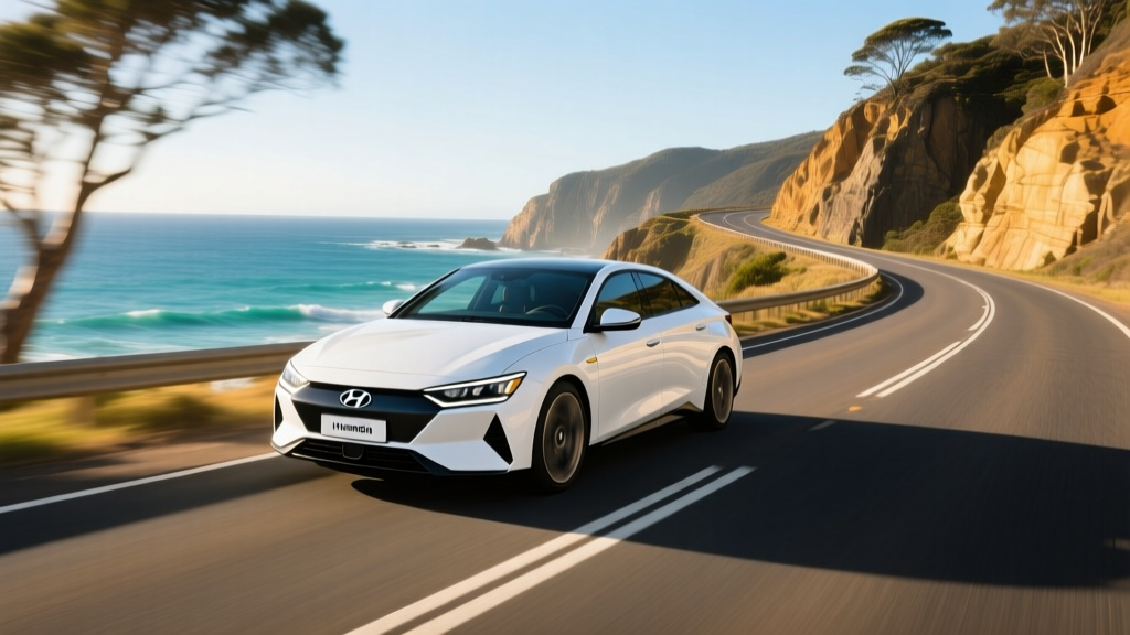White Hyundai Ioniq 6 driving along the Great Ocean Road demonstrating aerodynamic efficiency and long range capabilities