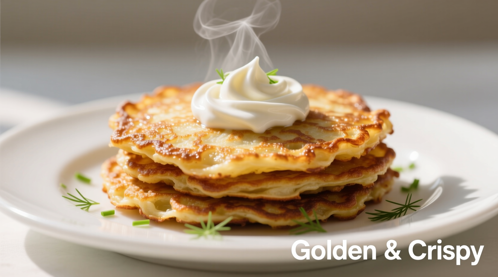 Golden potato pancakes on white plate with sour cream