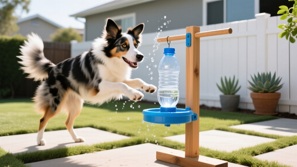 Border collie spinning a homemade plastic bottle feeder mounted on a wooden dowel frame in a backyard