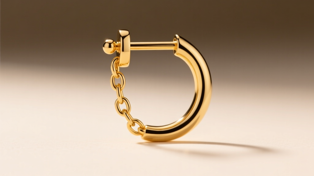 Close-up of a 14k gold earring with chain connecting a lobe stud to a helix hoop under soft studio lighting.