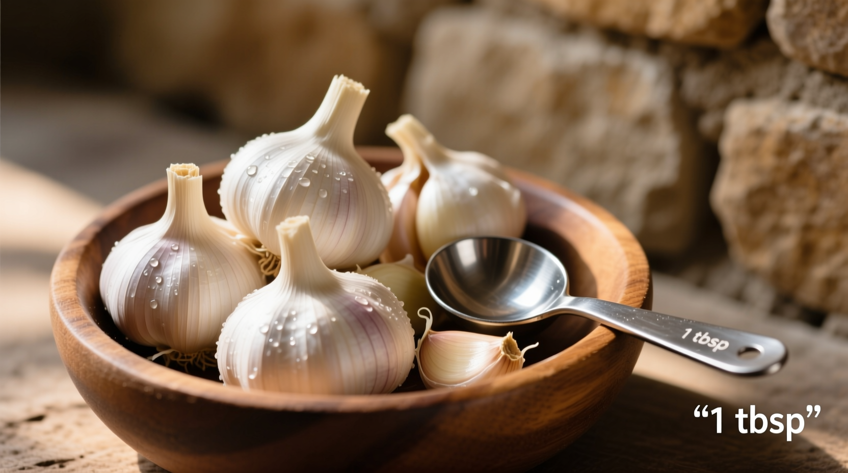 Fresh garlic cloves with measuring spoon