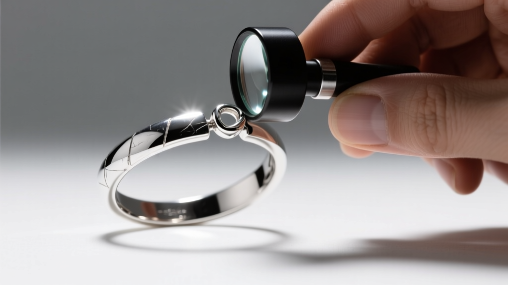 Jeweler using a 10x loupe to inspect a flush-cut jump ring on a sterling silver permanent bracelet under bright LED light